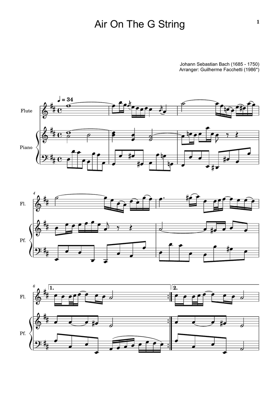 Air on the G String. For Flute and Piano. Chamber Music scores gallery preview page 1