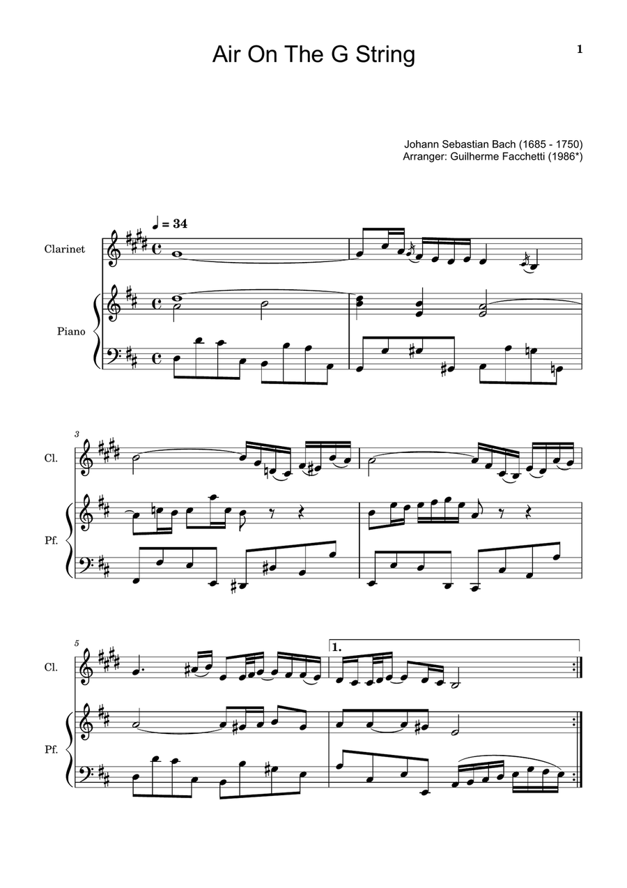 Air on the G String. For Clarinet and Piano. Chamber Music scores gallery preview page 1