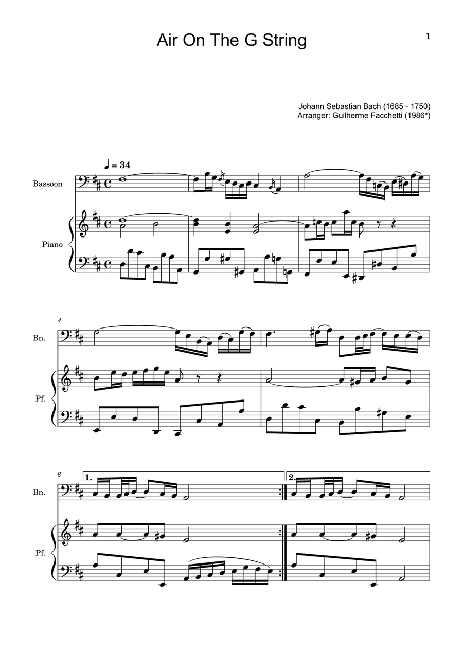 Air on the G String. For Bassoon and Piano. Chamber Music scores gallery preview page 1