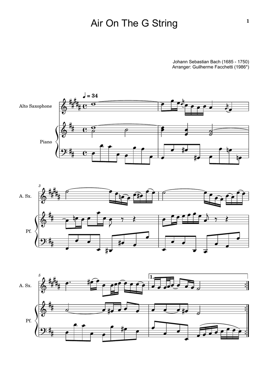 Air on the G String. For A. Sax and Piano. Chamber Music scores gallery preview page 1