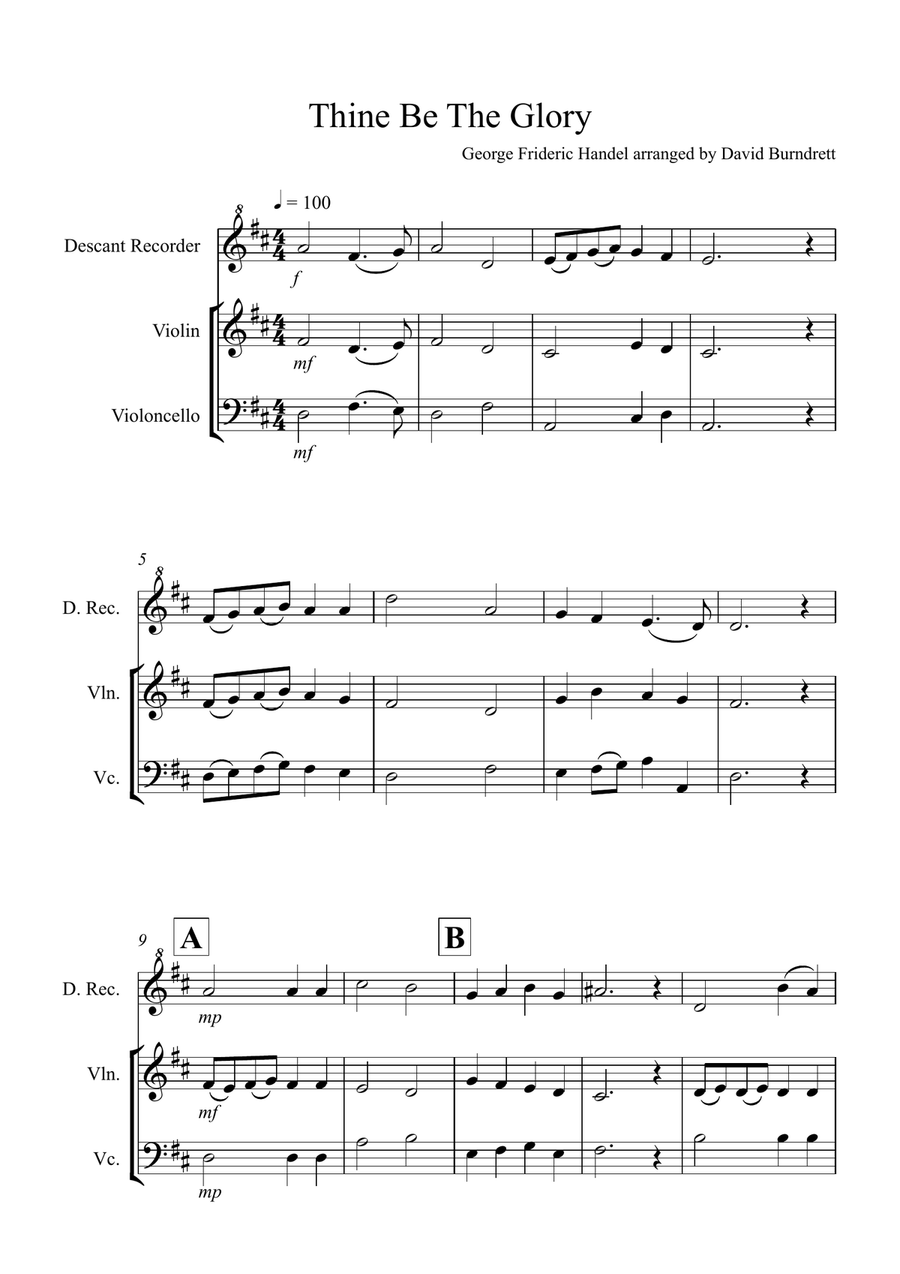 Thine Be The Glory for Descant Recorder, Violin and Cello Trio Small Ensemble scores gallery preview page 1