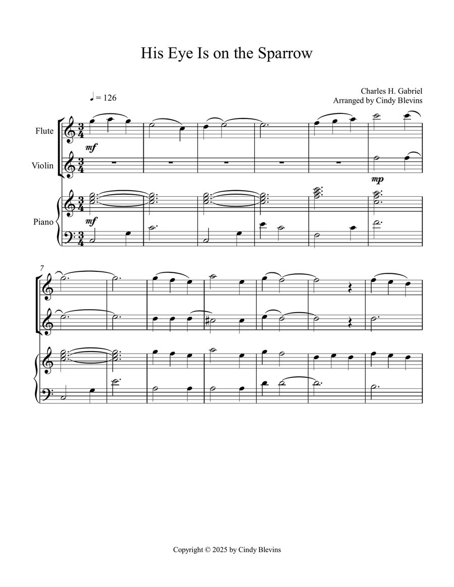 His Eye Is On the Sparrow, for Flute, Violin and Piano Flute scores gallery preview page 2