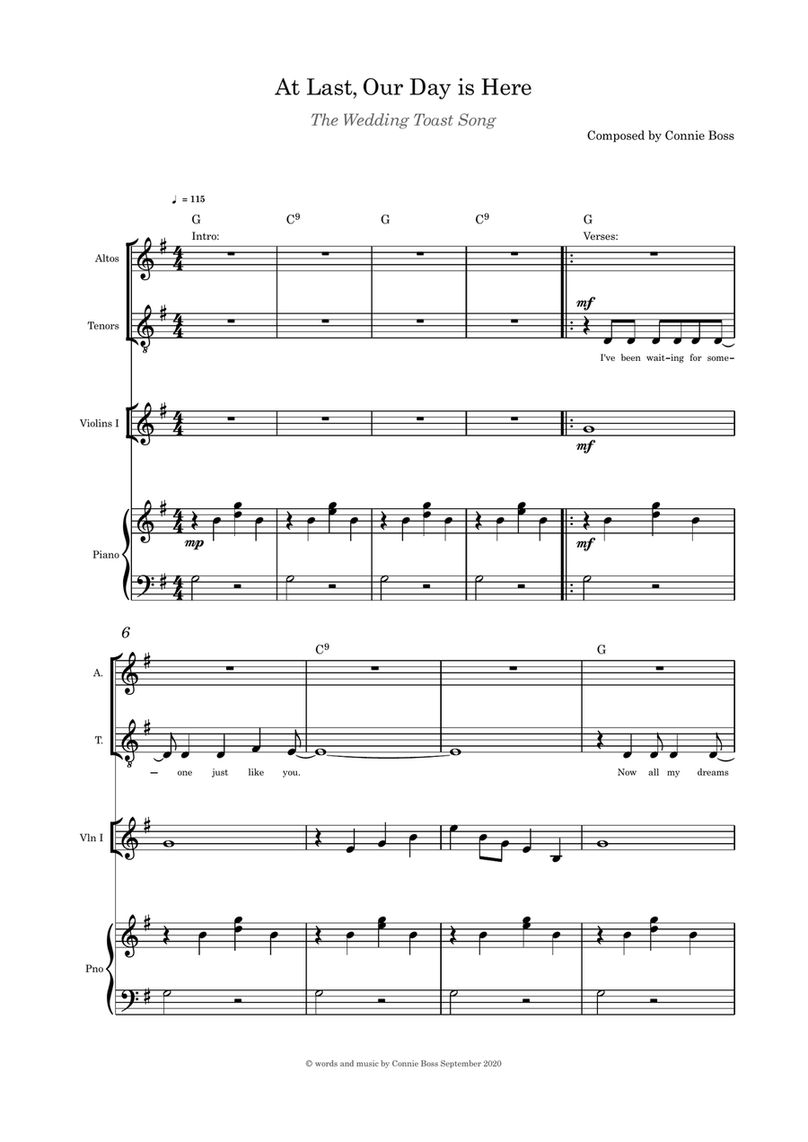 At Last Our Day is Here (The Wedding Toast song) duet (alto and tenor) violin and piano with parts Small Ensemble scores gallery preview page 1