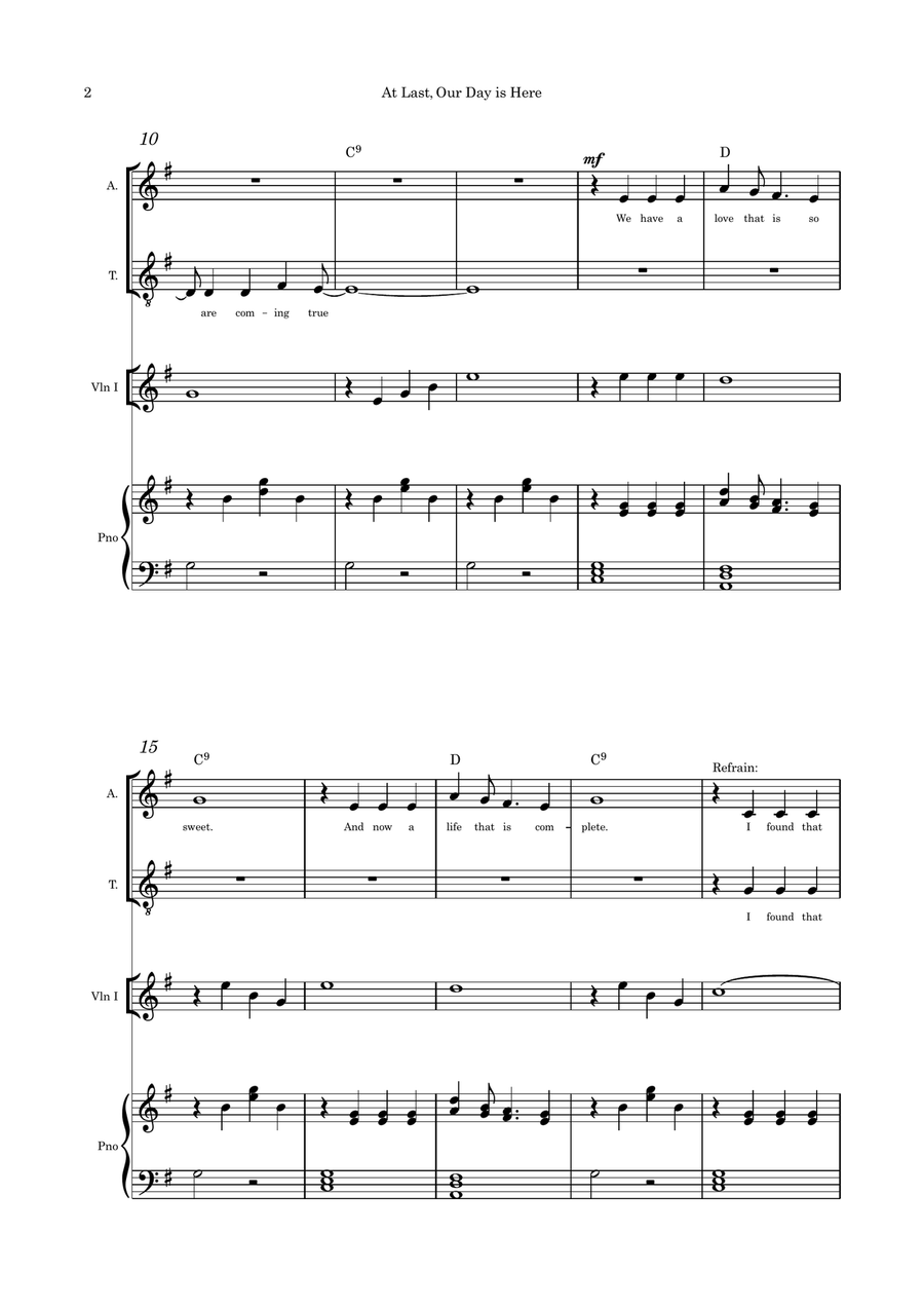 At Last Our Day is Here (The Wedding Toast song) duet (alto and tenor) violin and piano with parts Small Ensemble scores gallery preview page 2