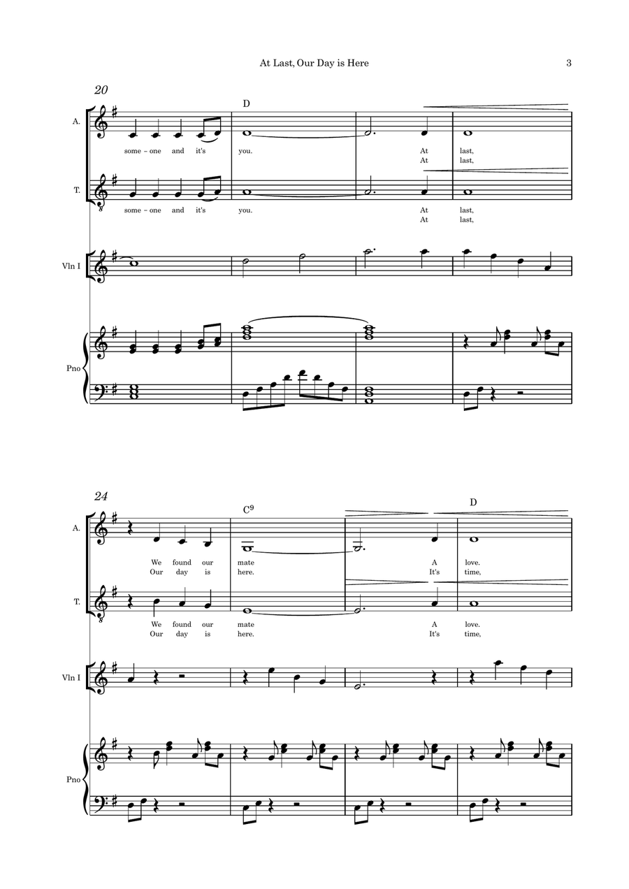 At Last Our Day is Here (The Wedding Toast song) duet (alto and tenor) violin and piano with parts Small Ensemble scores gallery preview page 3