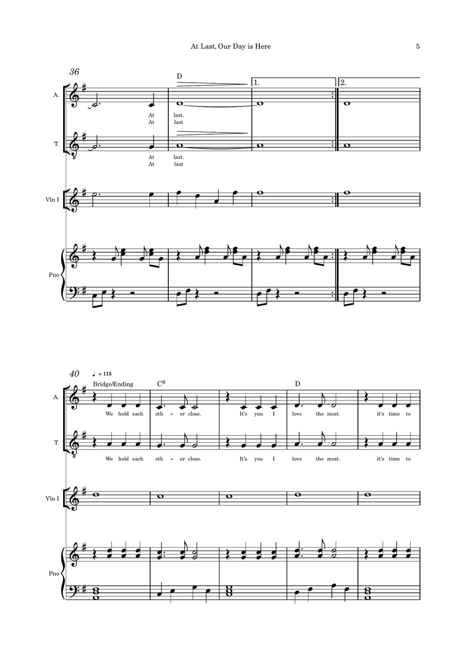 At Last Our Day is Here (The Wedding Toast song) duet (alto and tenor) violin and piano with parts Small Ensemble scores gallery preview page 5