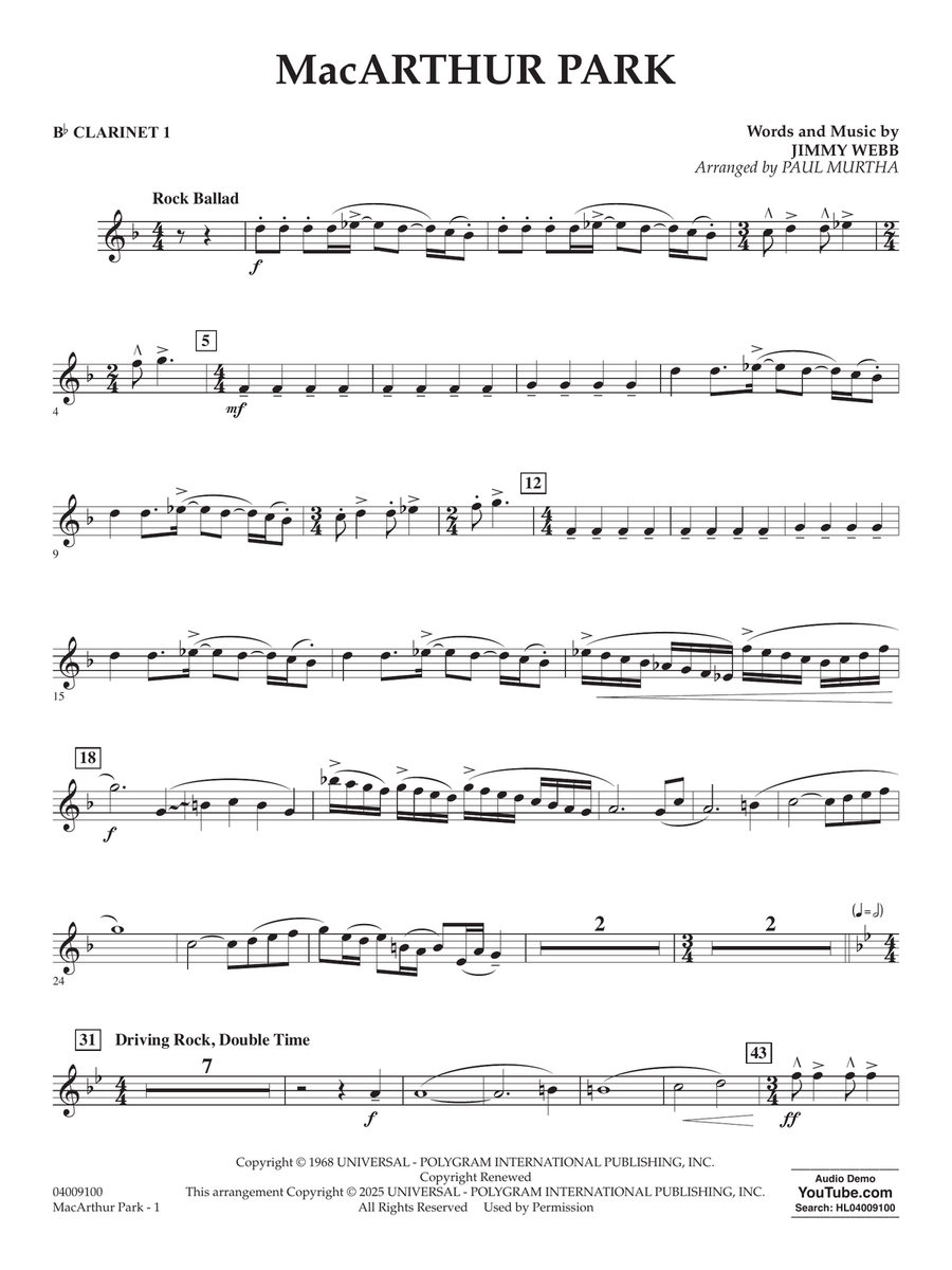 MacArthur Park (arr. Paul Murtha) - Bb Clarinet 1 Concert Band scores gallery preview page 1