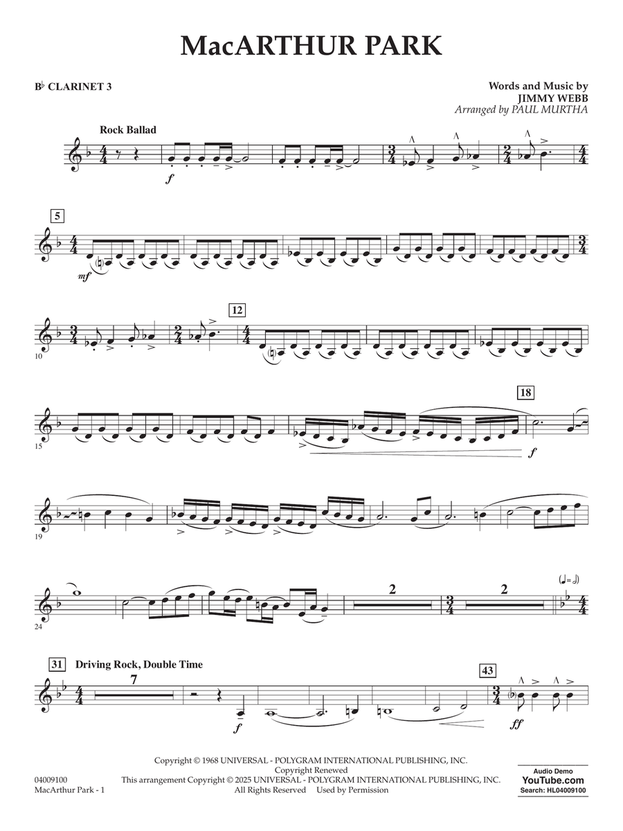 MacArthur Park (arr. Paul Murtha) - Bb Clarinet 3 Concert Band scores gallery preview page 1