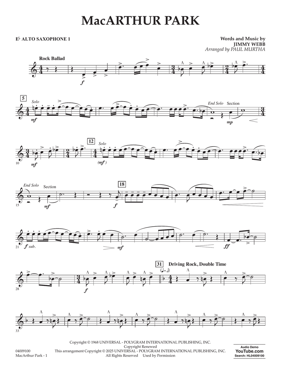 MacArthur Park (arr. Paul Murtha) - Eb Alto Saxophone 1 Concert Band scores gallery preview page 1