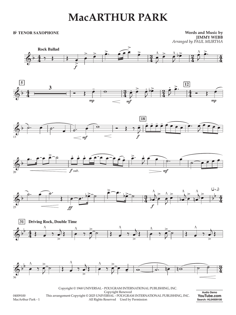 MacArthur Park (arr. Paul Murtha) - Bb Tenor Saxophone Concert Band scores gallery preview page 1