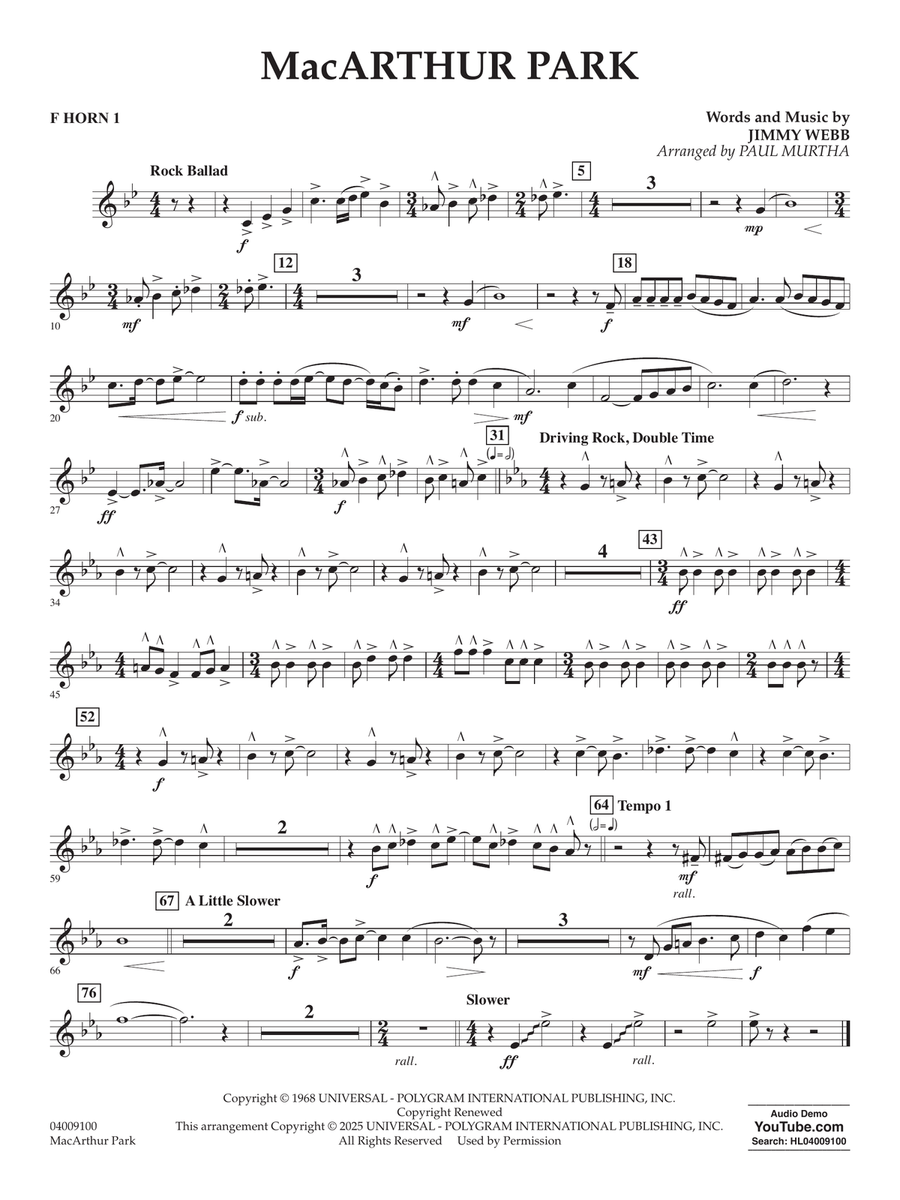 MacArthur Park (arr. Paul Murtha) - F Horn 1 Concert Band scores gallery preview page 1