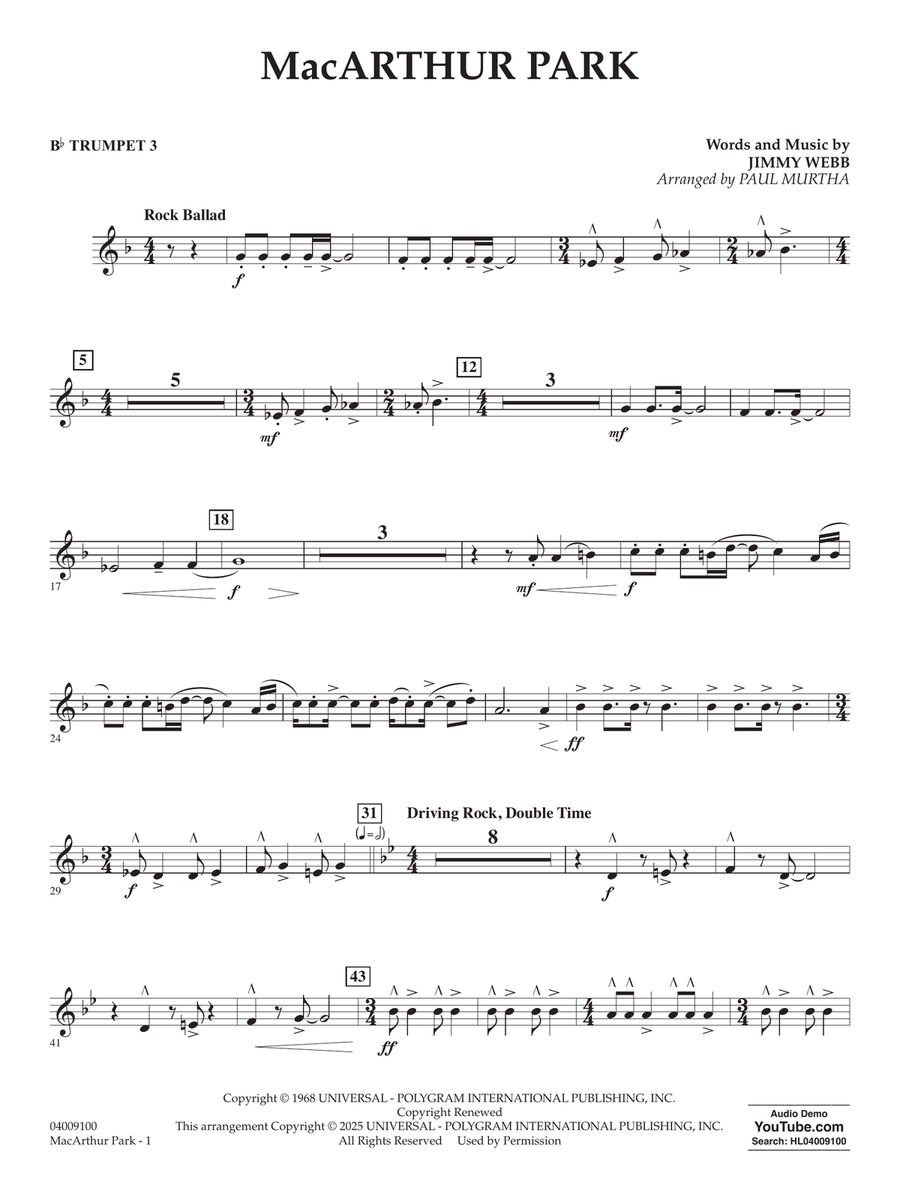MacArthur Park (arr. Paul Murtha) - Bb Trumpet 3 Concert Band scores gallery preview page 1