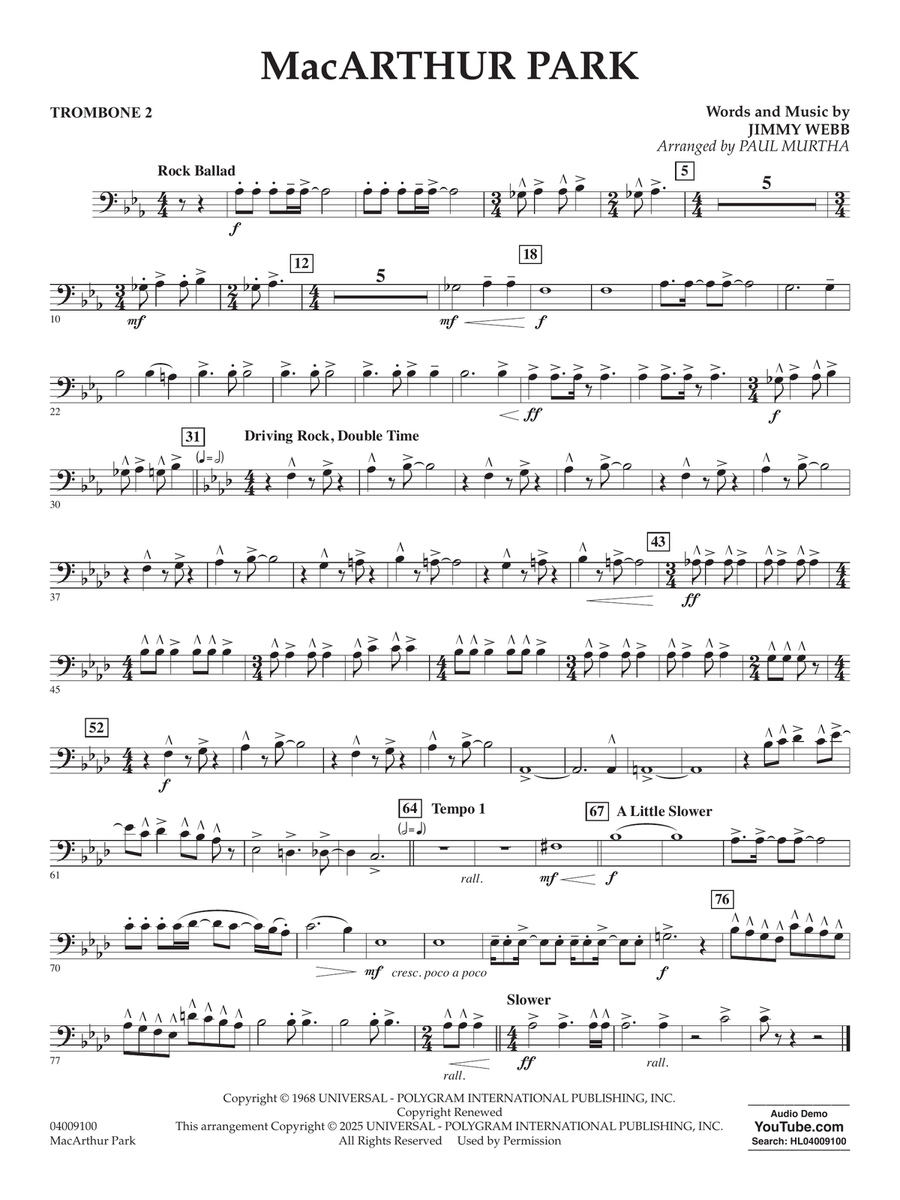 MacArthur Park (arr. Paul Murtha) - Trombone 2 Concert Band scores gallery preview page 1
