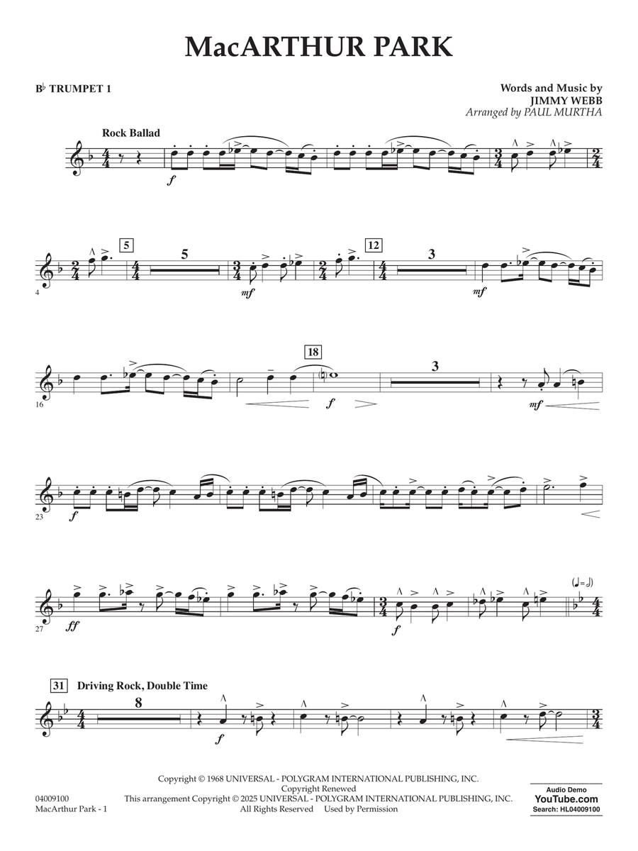 MacArthur Park (arr. Paul Murtha) - Bb Trumpet 1 Concert Band scores gallery preview page 1