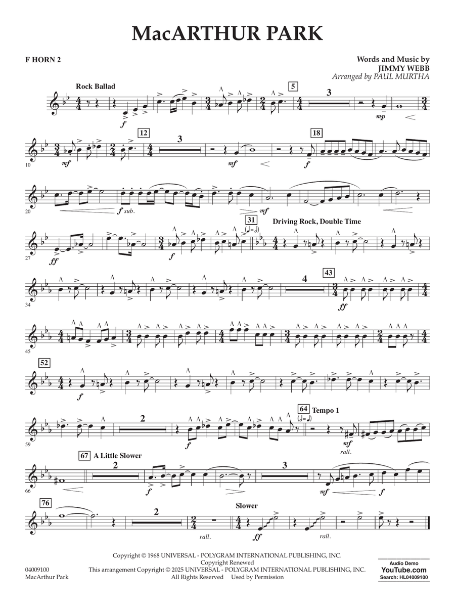 MacArthur Park (arr. Paul Murtha) - F Horn 2 Concert Band scores gallery preview page 1