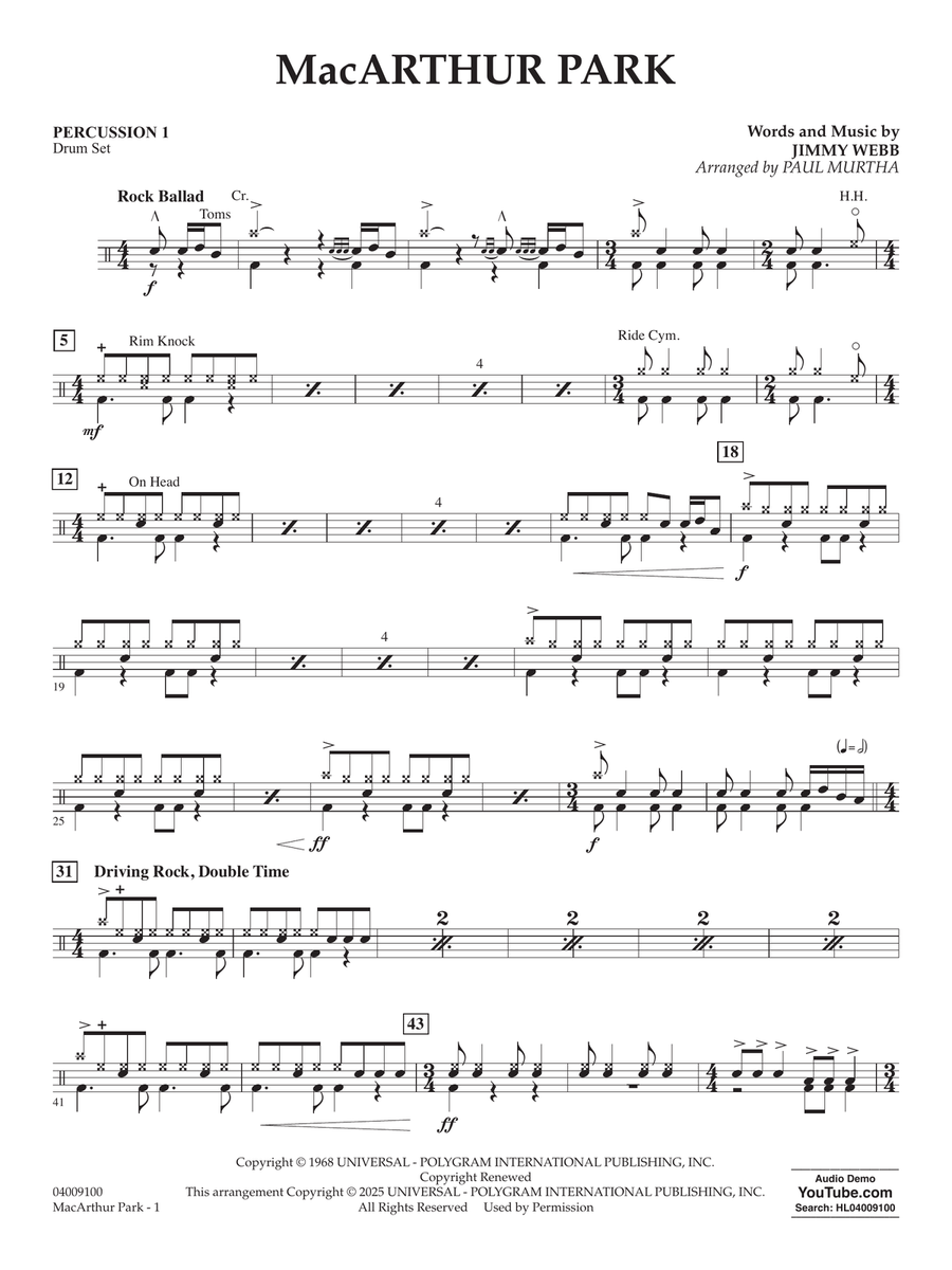 MacArthur Park (arr. Paul Murtha) - Percussion 1 Concert Band scores gallery preview page 1