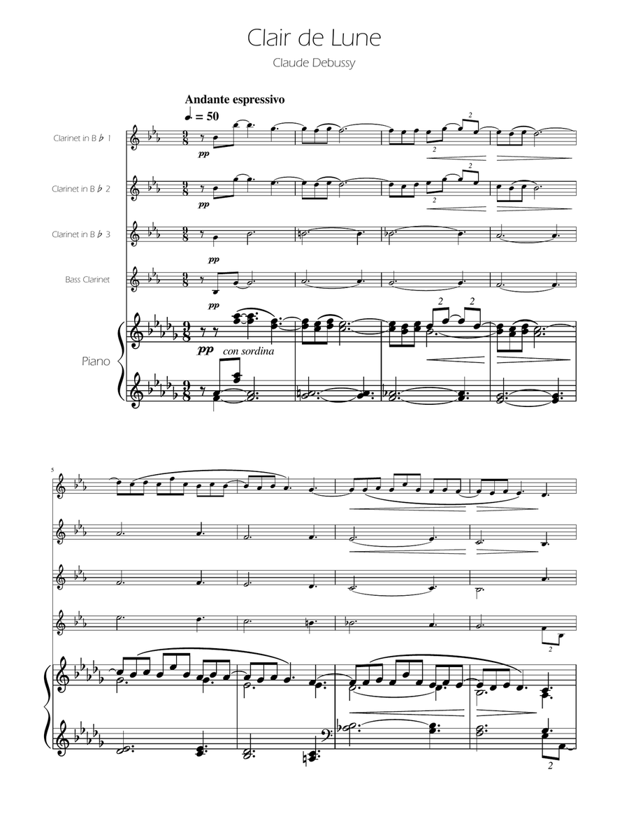 Clair de Lune - Clarinet Quartet Clarinet Quartet scores gallery preview page 1