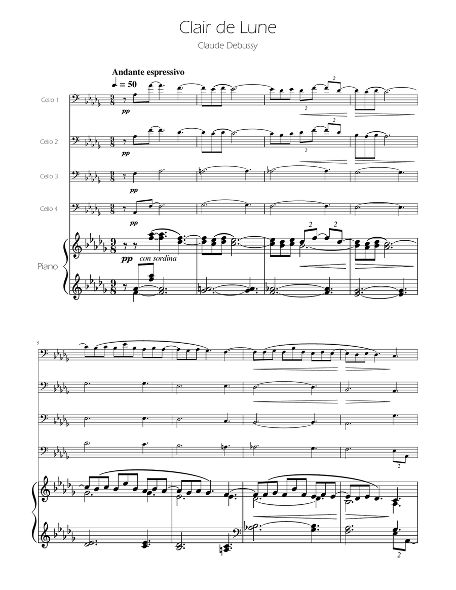Clair de Lune - Cello Quartet String Quartet scores gallery preview page 1