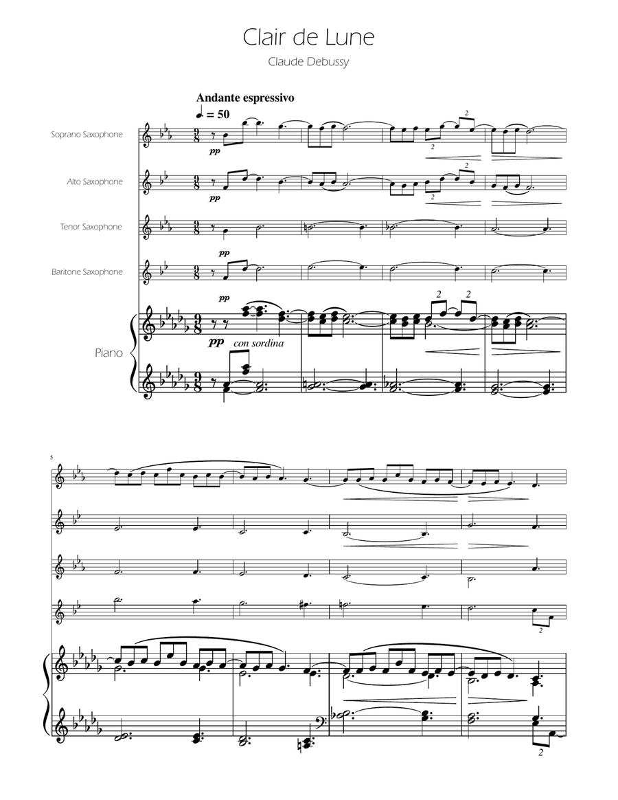 Clair de Lune - Sax Quartet Saxophone Quartet scores gallery preview page 1