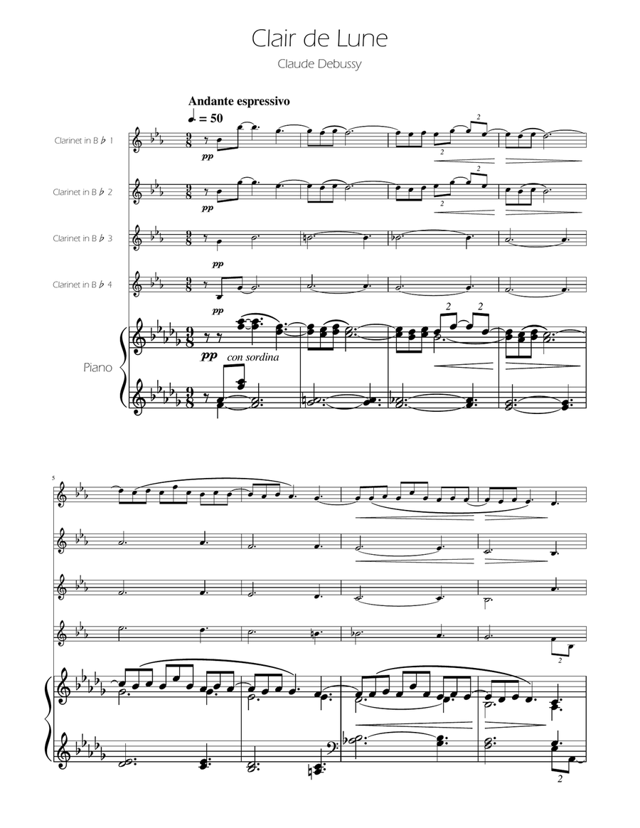 Clair de Lune - Clarinet Quartet Clarinet Quartet scores gallery preview page 1