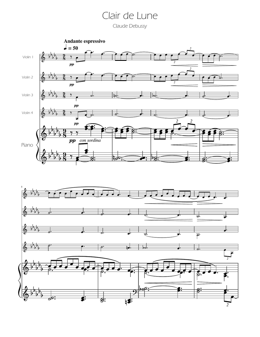 Clair de Lune - Violin Quartet String Quartet scores gallery preview page 1