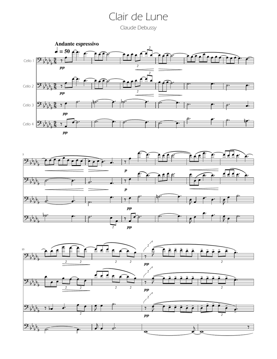 Clair de Lune - Cello Quartet String Quartet scores gallery preview page 1