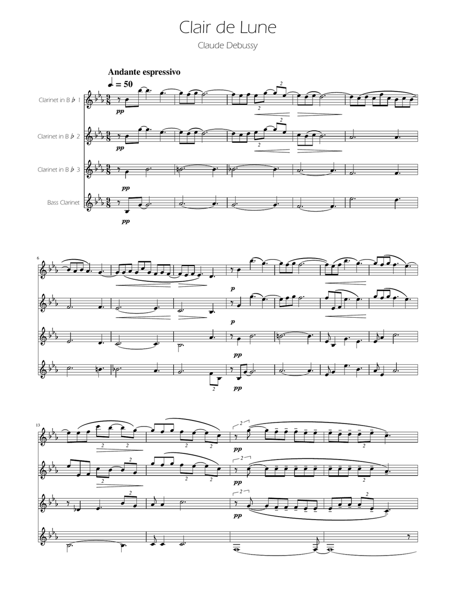 Clair de Lune - Clarinet Quartet Clarinet Quartet scores gallery preview page 1