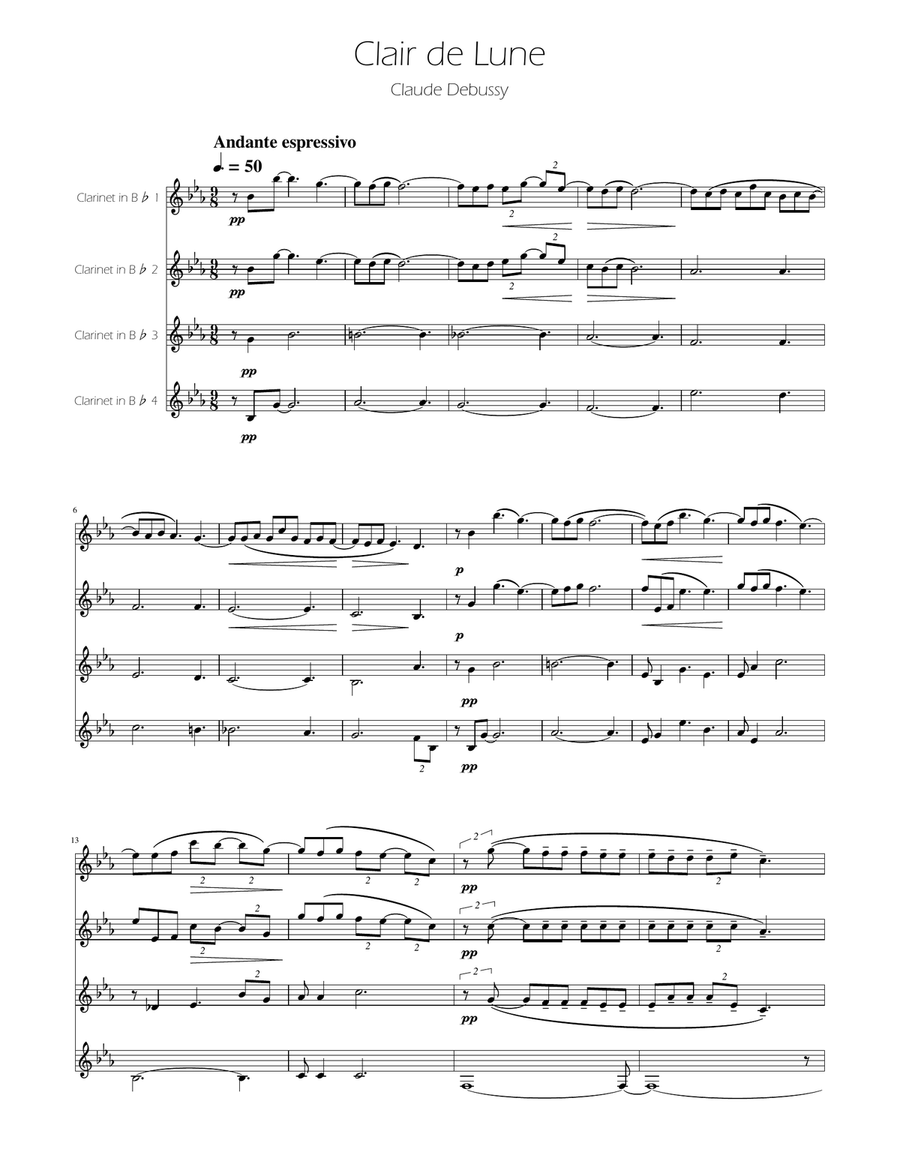 Clair de Lune - Clarinet Quartet Clarinet Quartet scores gallery preview page 1