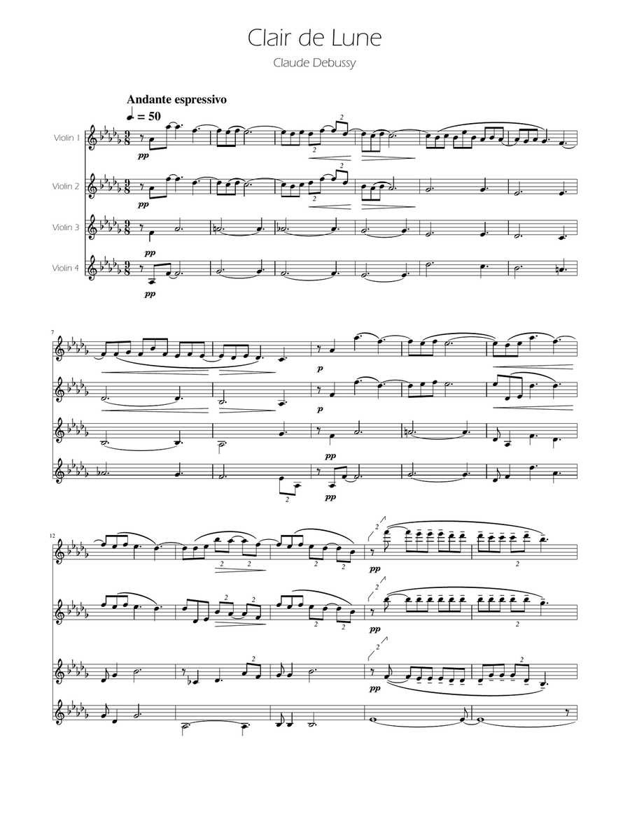 Clair de Lune - Violin Quartet String Quartet scores gallery preview page 1