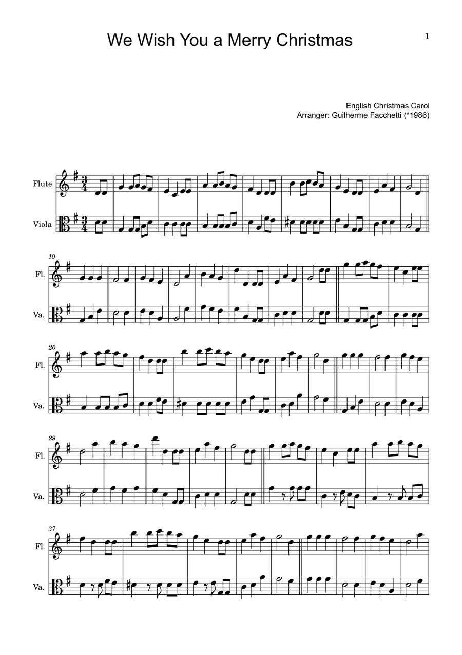 We Wish You a Merry Christmas - Arranged for Flute and Viola. Chamber Music scores gallery preview page 1