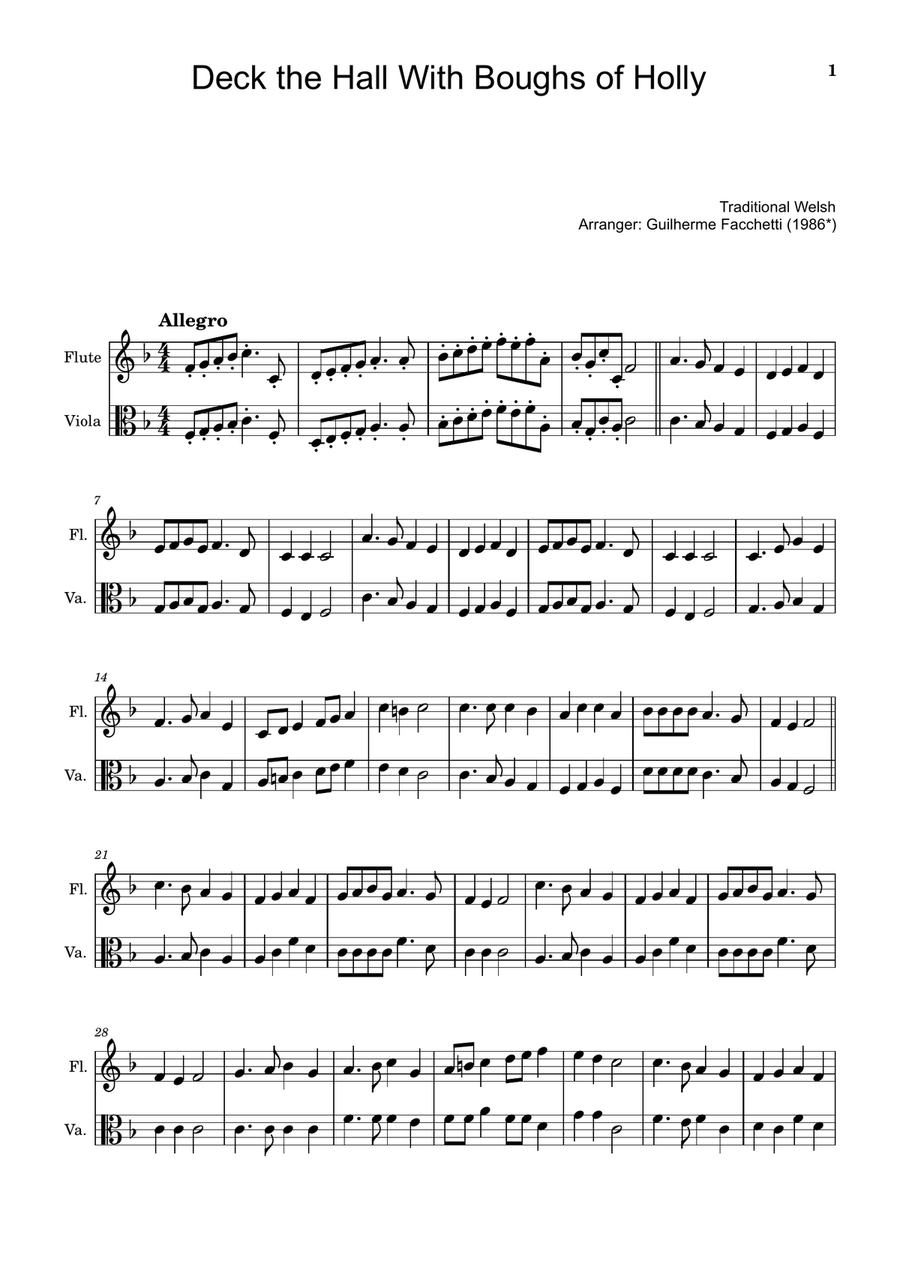 Deck the Hall With Boughs of Holly - Arranged for Flute and Viola. Flute scores gallery preview page 1