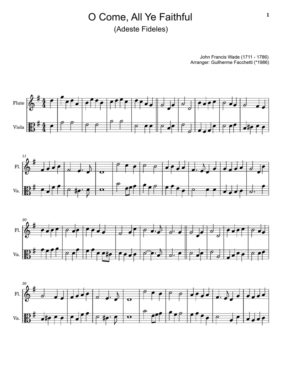 O Come, All Ye Faithful - Arranged for Flute and Viola. Flute scores gallery preview page 1