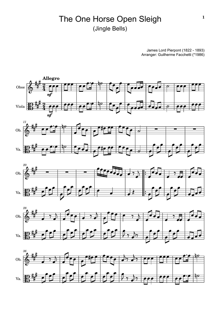 The One Horse Open Sleigh (Jingle Bells) - Arranged for Oboe and Viola. Chamber Music scores gallery preview page 1
