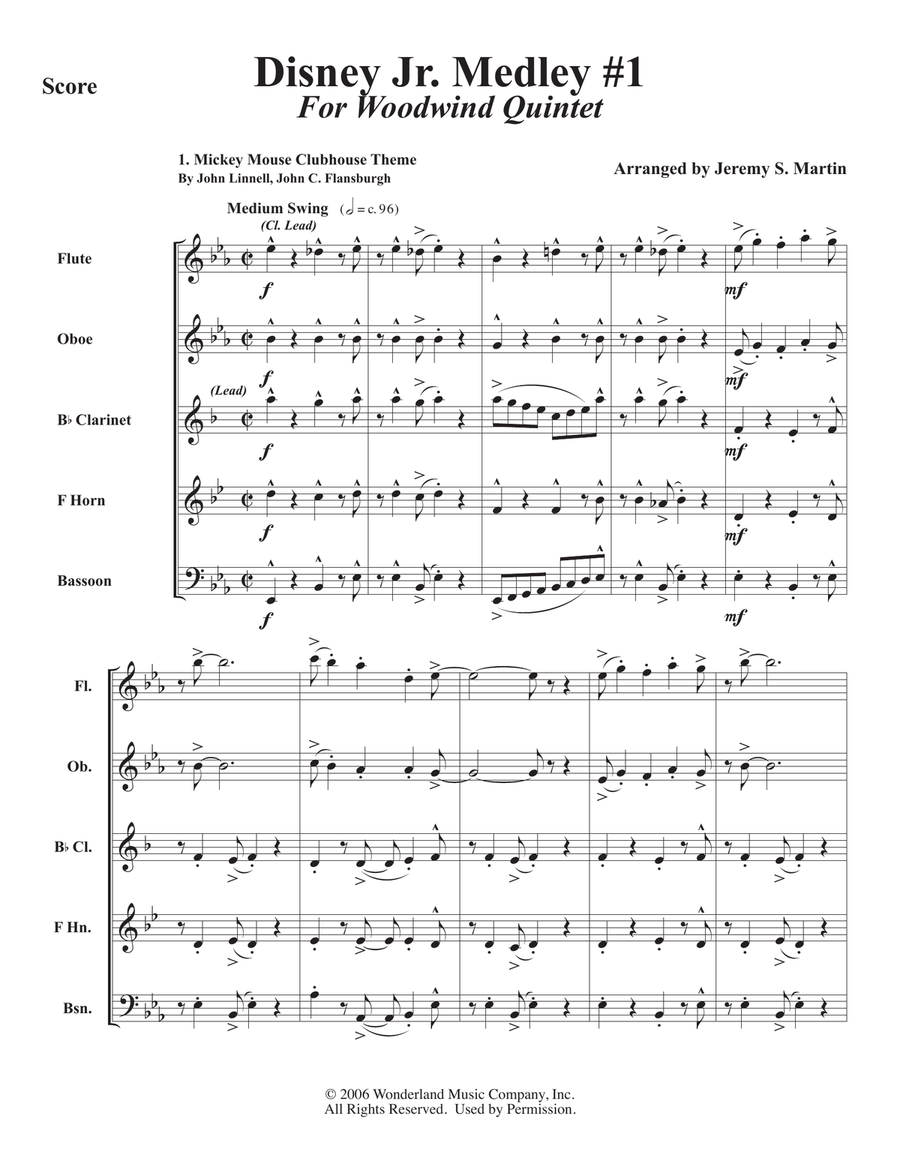 Medley: Mickey Mouse Clubhouse Theme with Doc Mcstuffins, Puppy Dog Pals End Title Theme, and Oct... Woodwind Quintet scores gallery preview page 1