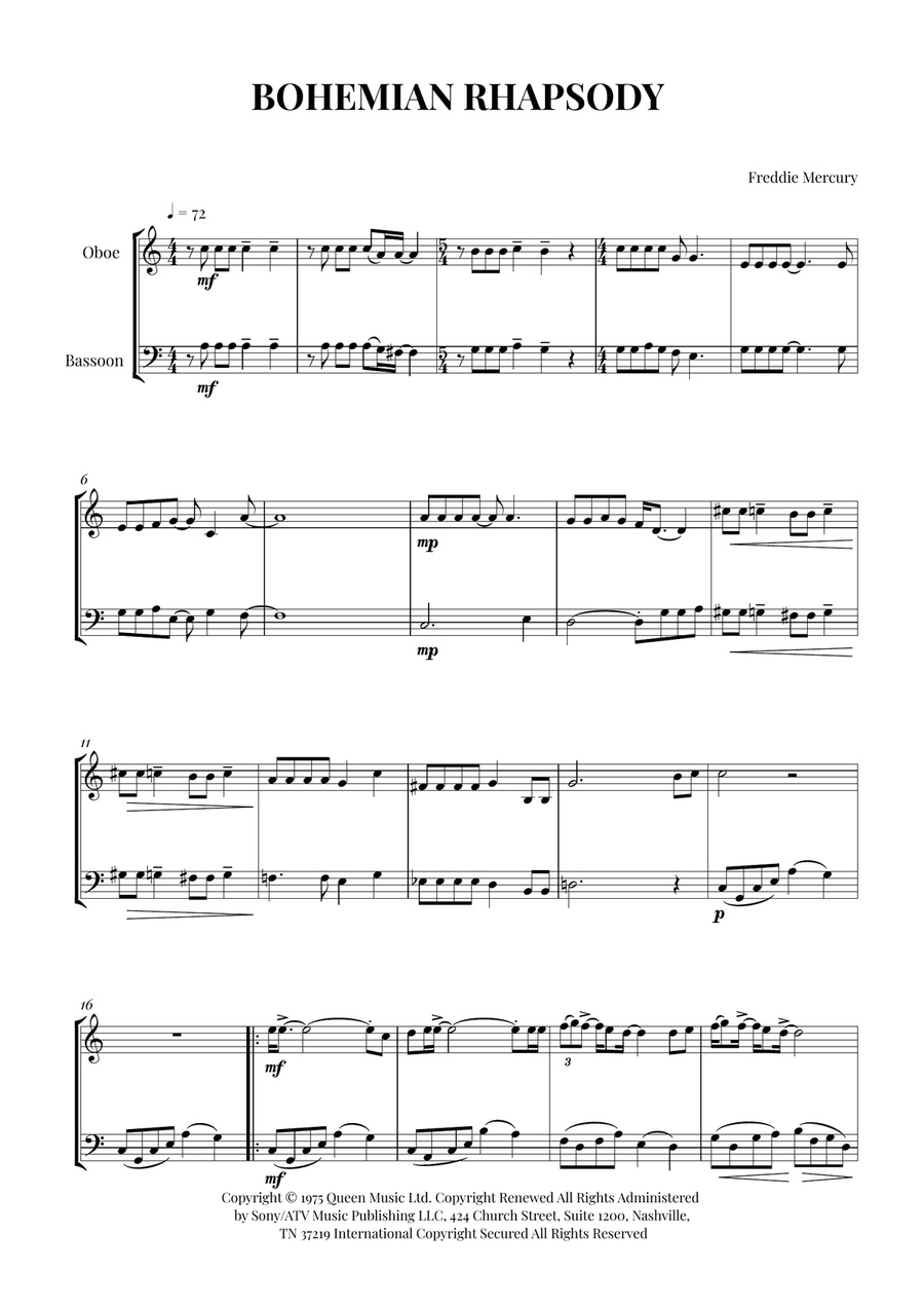 Bohemian Rhapsody Bohemian Rhapsody Woodwind Duet scores gallery preview page 1