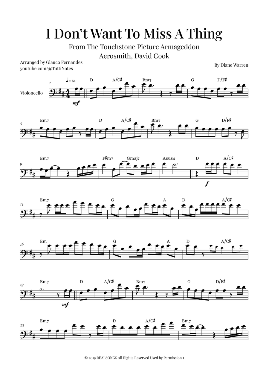 I Don't Want To Miss A Thing Cello Solo scores gallery preview page 1