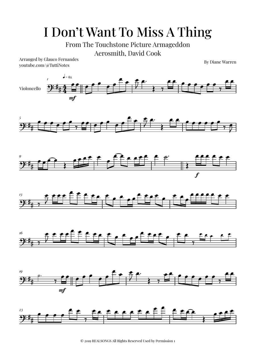 I Don't Want To Miss A Thing Cello Solo scores gallery preview page 1