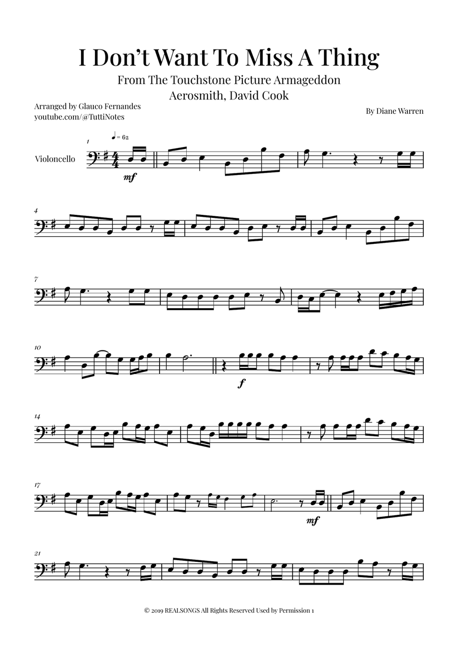 I Don't Want To Miss A Thing Cello Solo scores gallery preview page 1