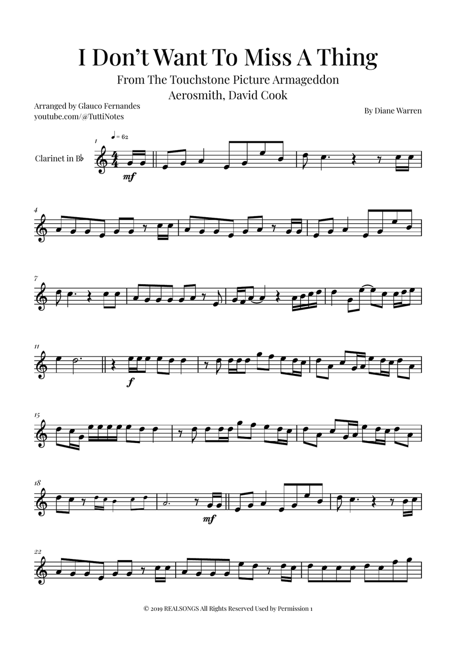 I Don't Want To Miss A Thing B-Flat Clarinet scores gallery preview page 1