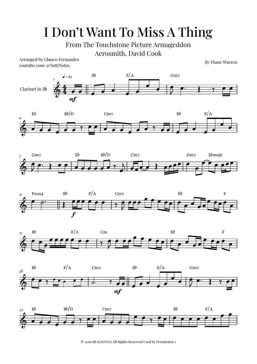 I Don't Want To Miss A Thing B-Flat Clarinet scores gallery preview page 1
