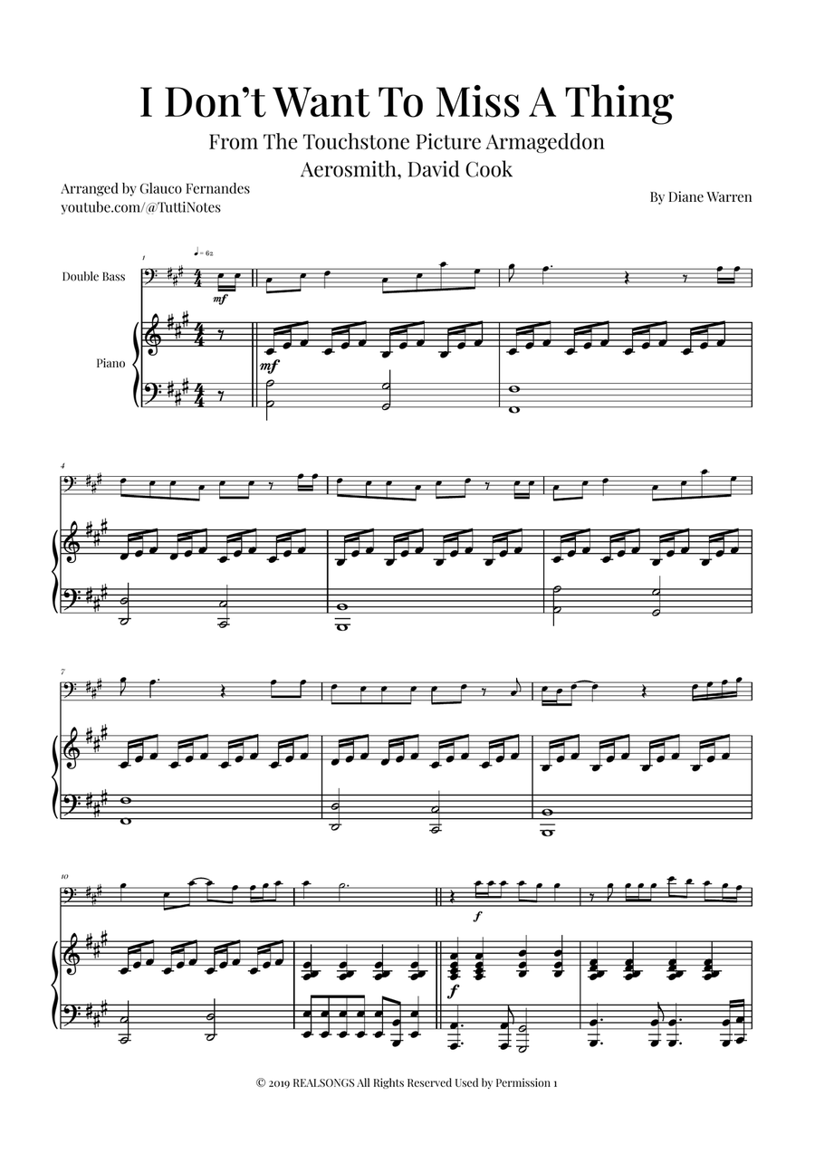I Don't Want To Miss A Thing Double Bass scores gallery preview page 1