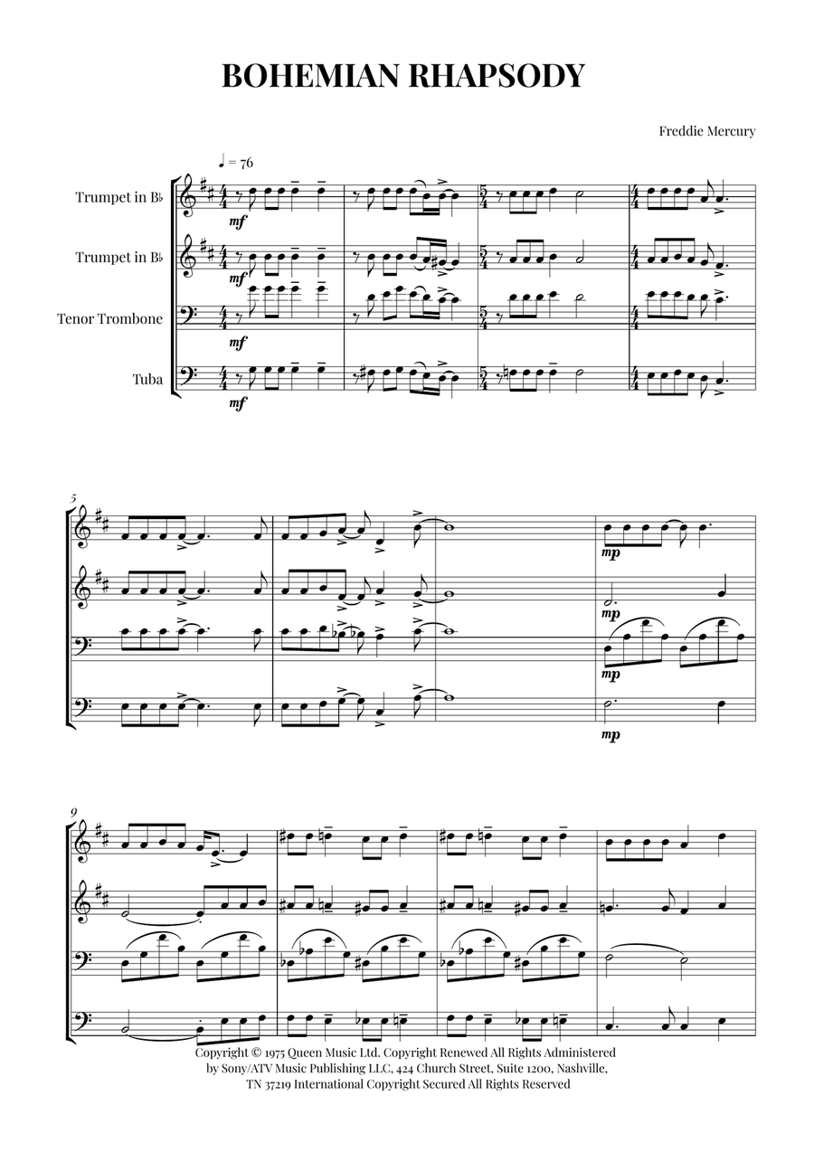 Bohemian Rhapsody Bohemian Rhapsody Brass Quartet scores gallery preview page 1