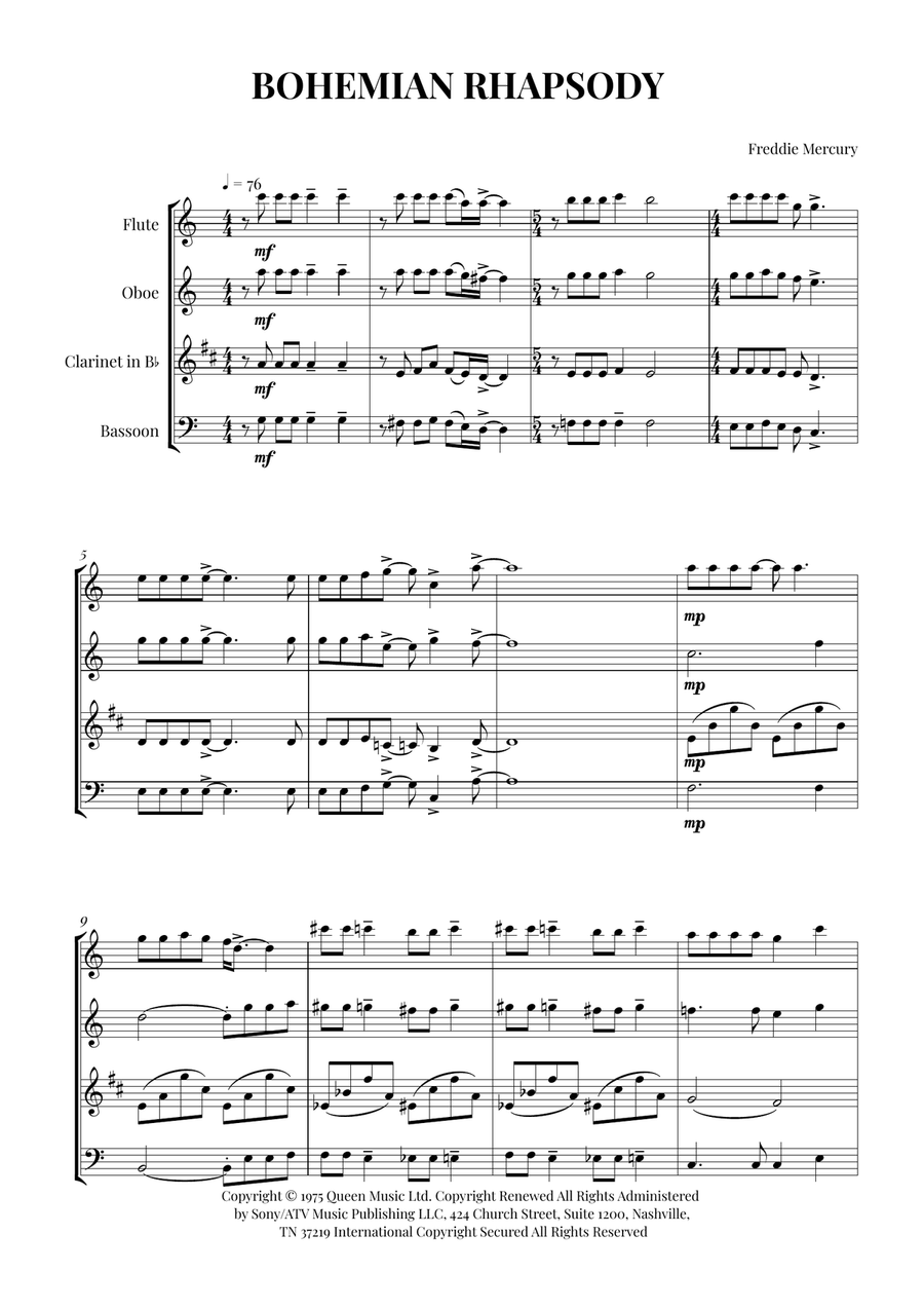 Bohemian Rhapsody Bohemian Rhapsody Woodwind Quartet scores gallery preview page 1