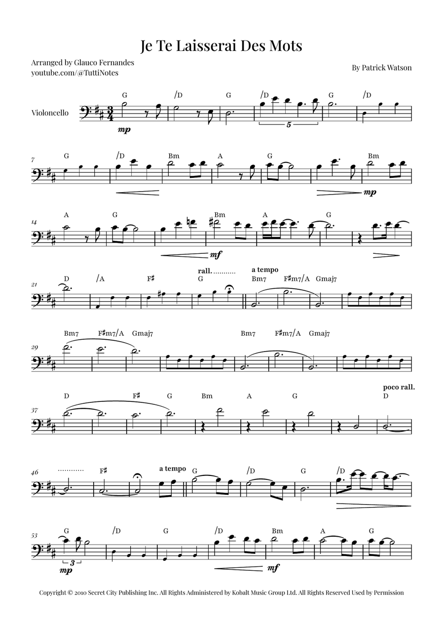 Je Te Laisserai Des Mots Cello Solo scores gallery preview page 1