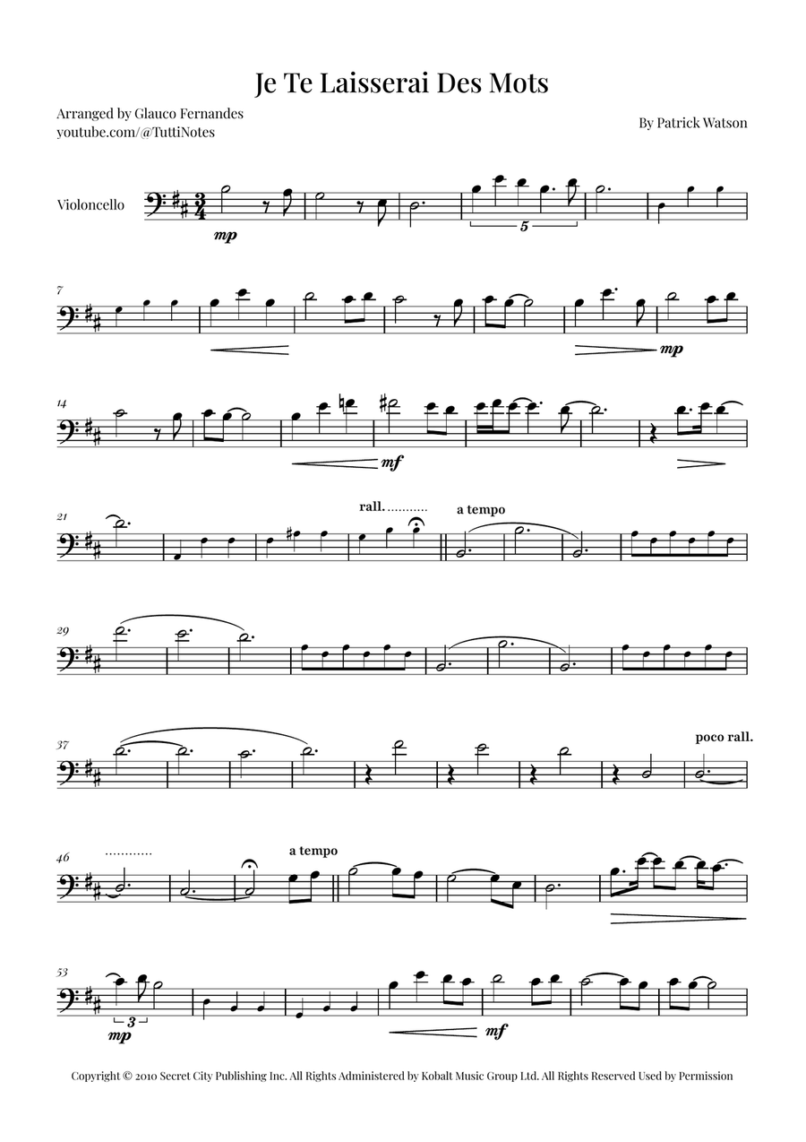 Je Te Laisserai Des Mots Cello Solo scores gallery preview page 1