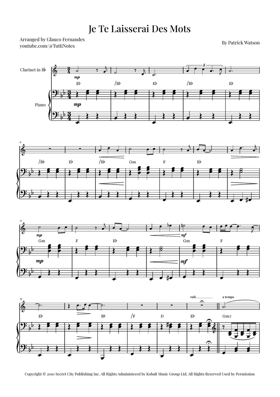 Je Te Laisserai Des Mots B-Flat Clarinet scores gallery preview page 1