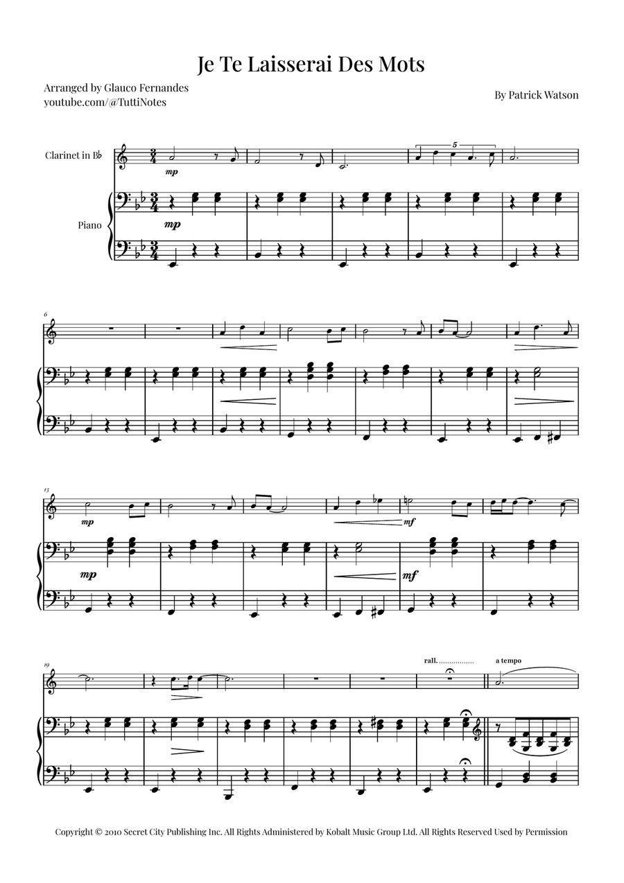 Je Te Laisserai Des Mots B-Flat Clarinet scores gallery preview page 1