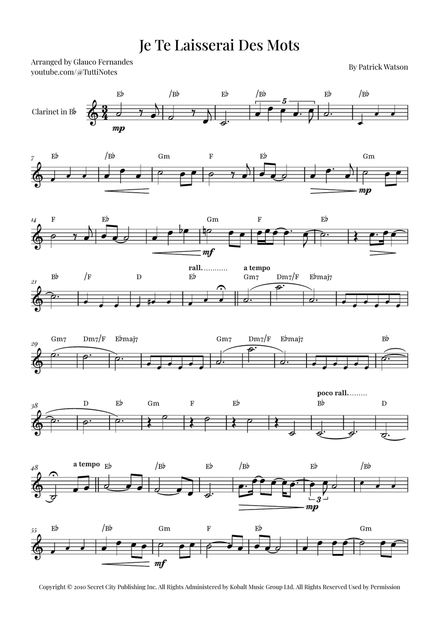 Je Te Laisserai Des Mots B-Flat Clarinet scores gallery preview page 1