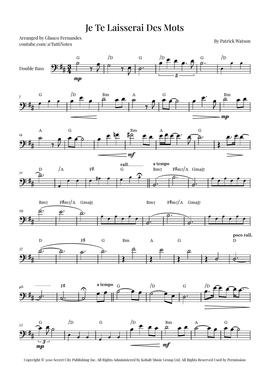 Je Te Laisserai Des Mots Double Bass scores gallery preview page 1