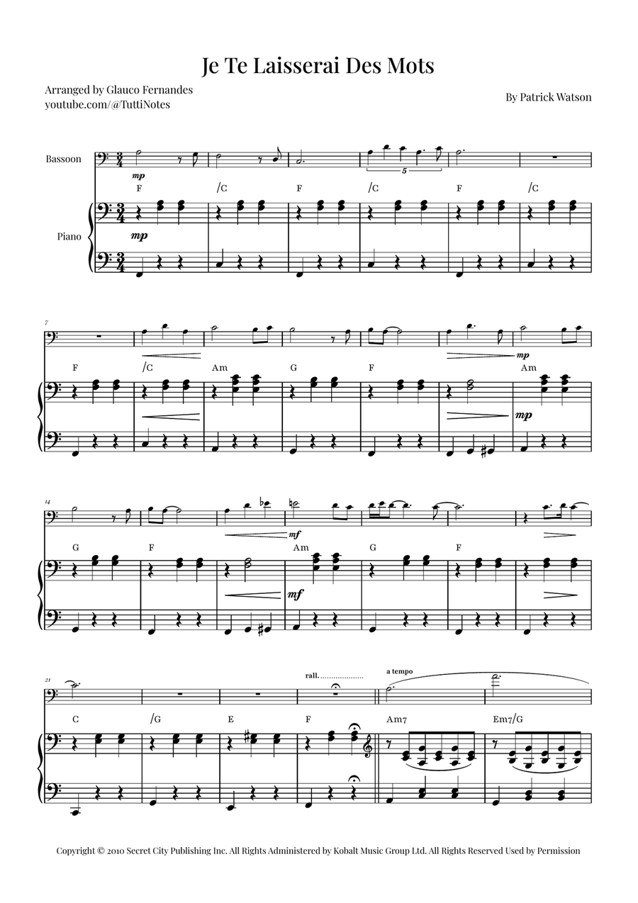 Je Te Laisserai Des Mots Bassoon scores gallery preview page 1